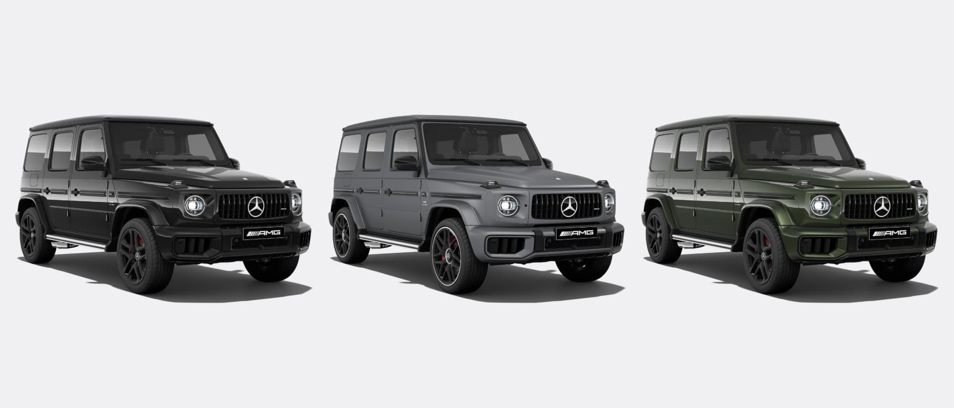 The Mercedes-AMG G63 in black, platinum magno and olive green