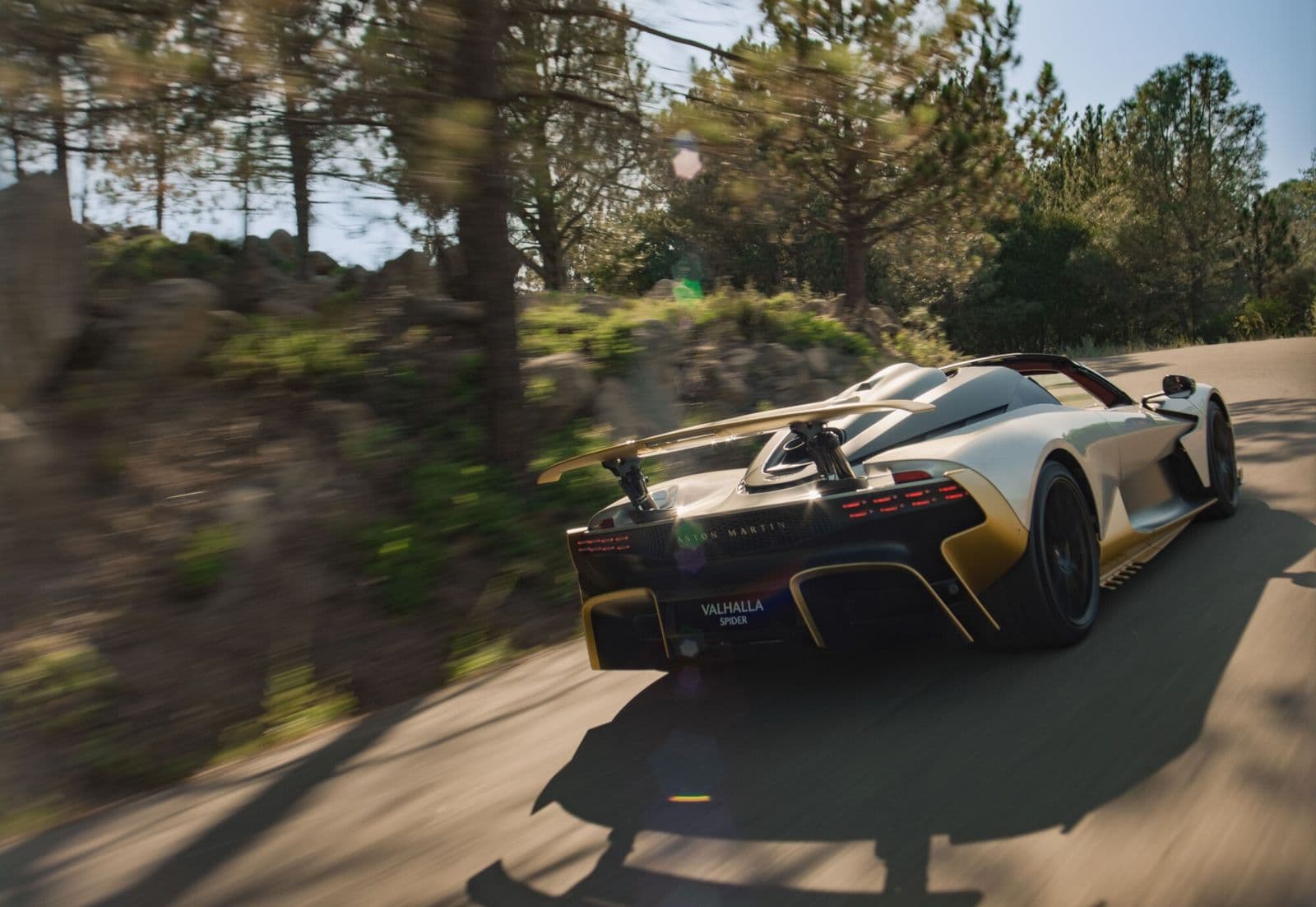aston martin valhalla spider vue arriere aileron sur une route en foret